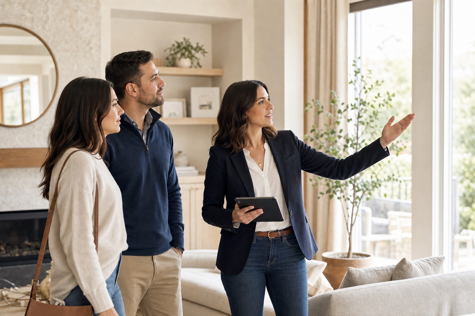 A real estate agent showing a couple through a sunlit home.