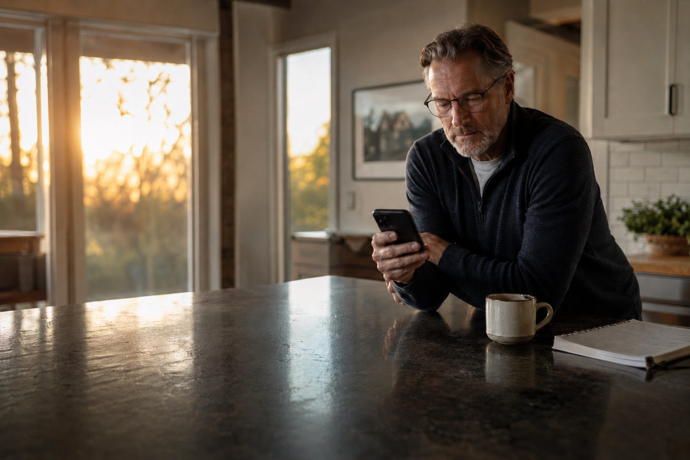 A real estate agent reading their morning brief at the kitchen island.